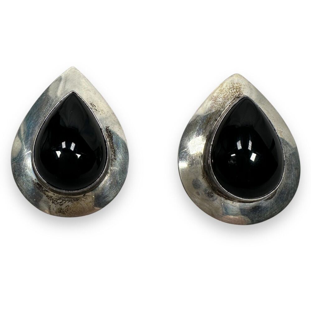 Vintage Sterling Silver Women's Teardrop Earrings Faux Black Onyx SJC HOB 925